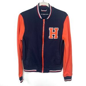 Tommy Hilfiger Men's Orange Blue Logo "H" Varsity Bomber Lettermans Jacket Sz S